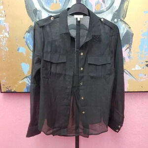 a peach Black Sheer Button Up Blouse